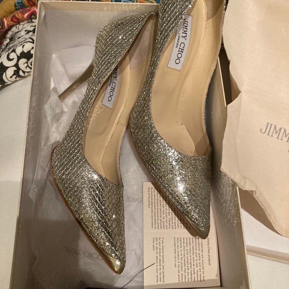 Jimmy Choo 38 1/2 glitter point toe pump. Silver. - Picture 2 of 4